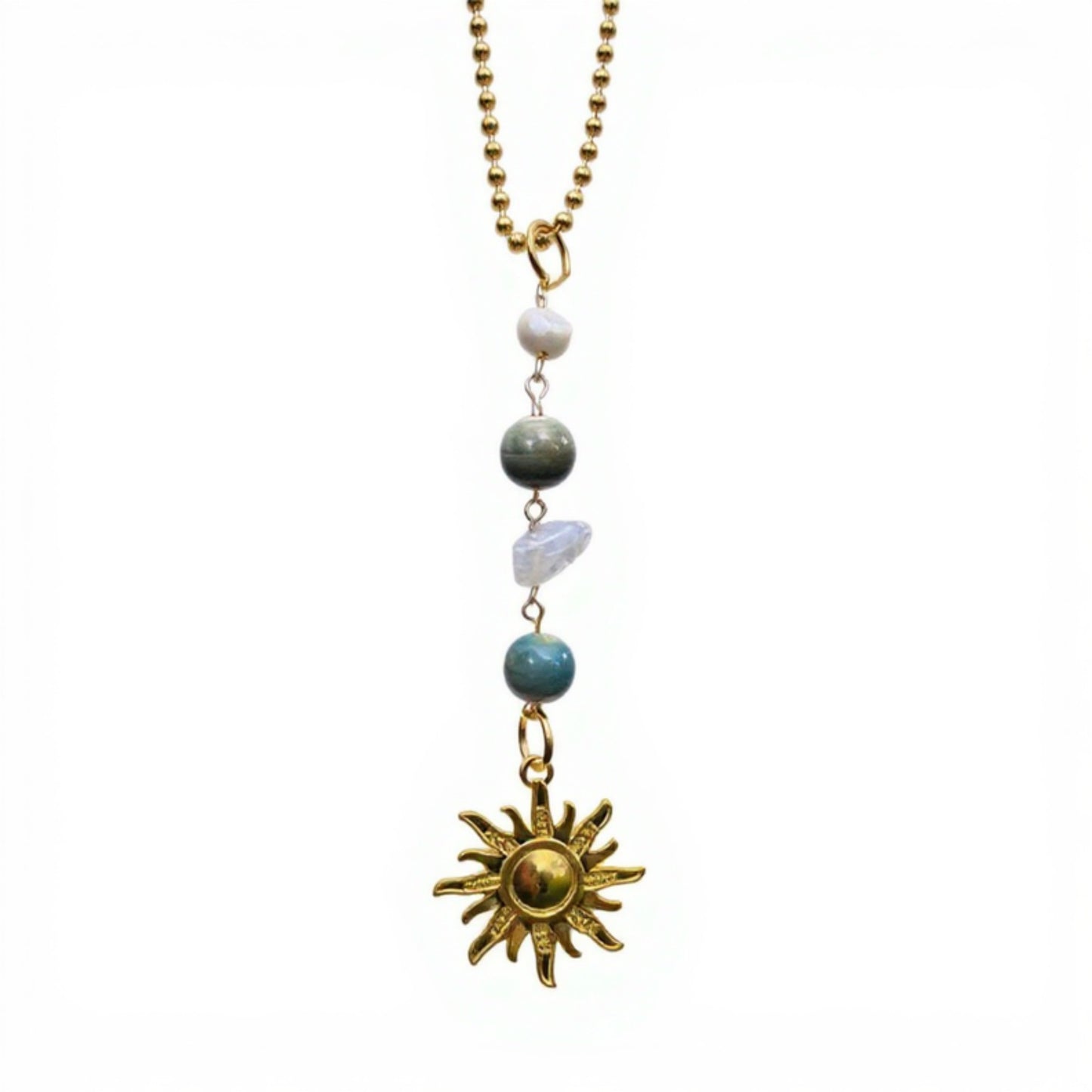 Anna-Kaci Gold Sun Pendant Ornament with Natural Stone Beads and Celestial Charm