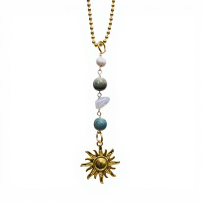 Anna-Kaci Gold Sun Pendant Ornament with Natural Stone Beads and Celestial Charm