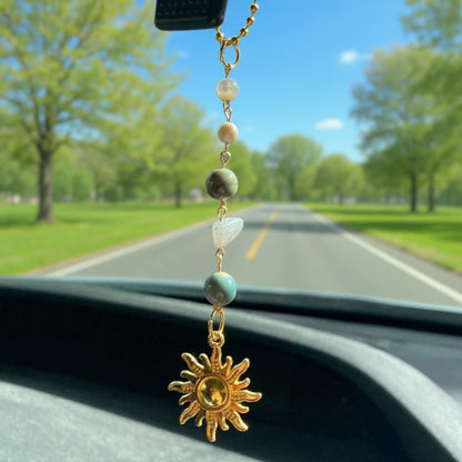 Anna-Kaci Gold Sun Pendant Ornament with Natural Stone Beads and Celestial Charm