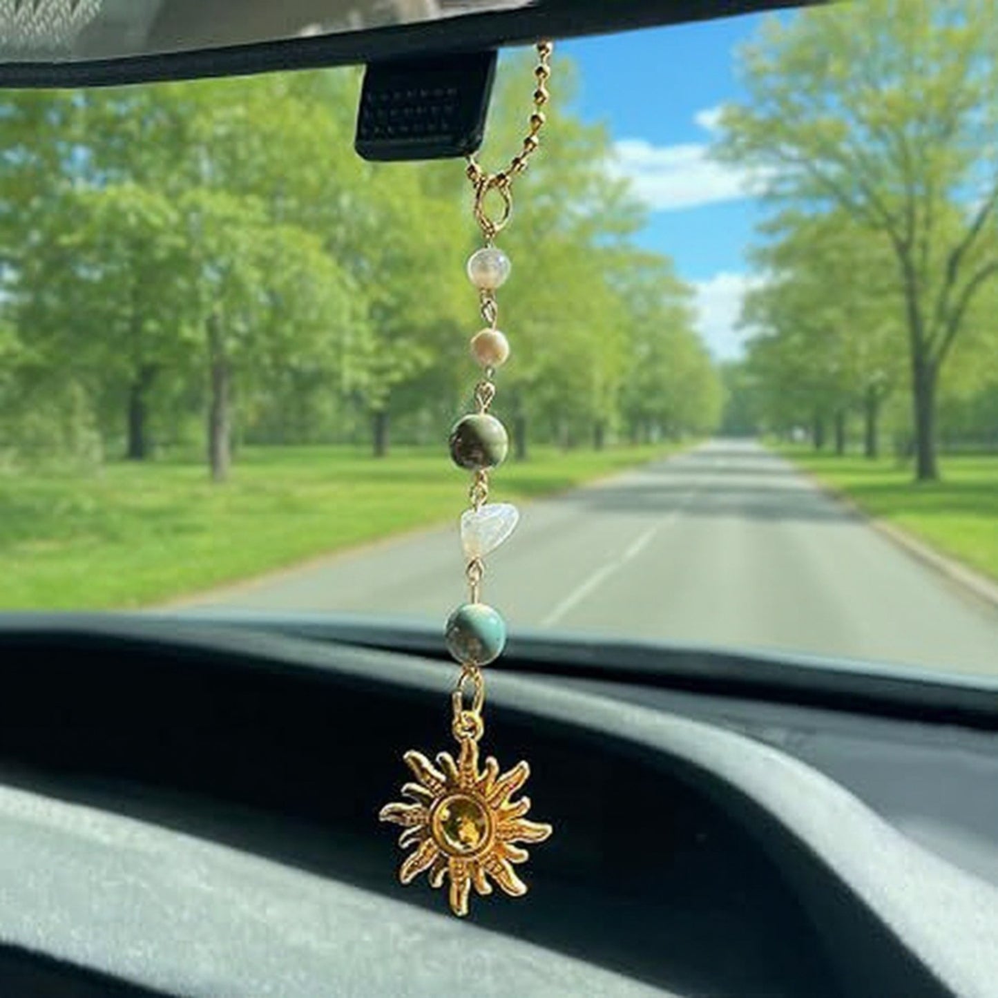 Anna-Kaci Gold Sun Pendant Ornament with Natural Stone Beads and Celestial Charm