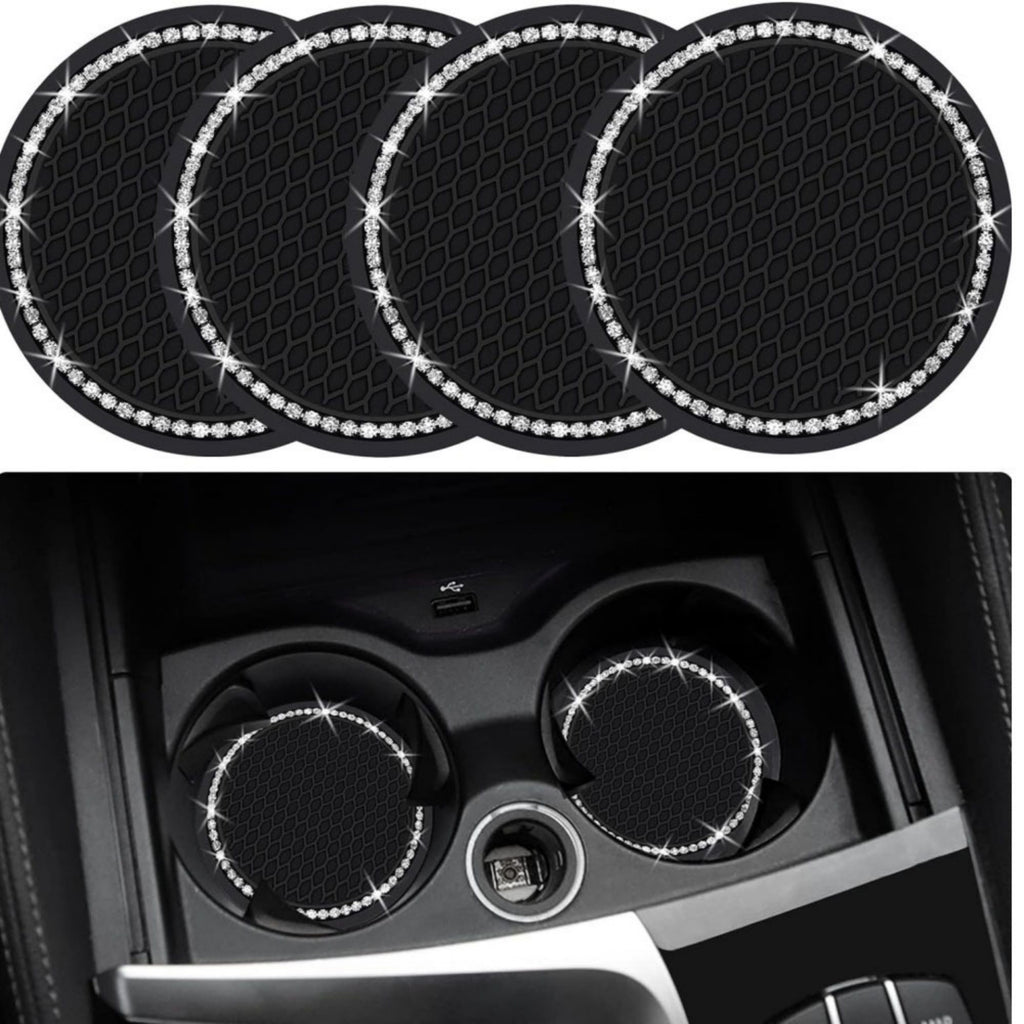 Anna-Kaci 2-Piece Round Rhinestone Car Cup Holder Coaster with Non-Slip Textured Surface