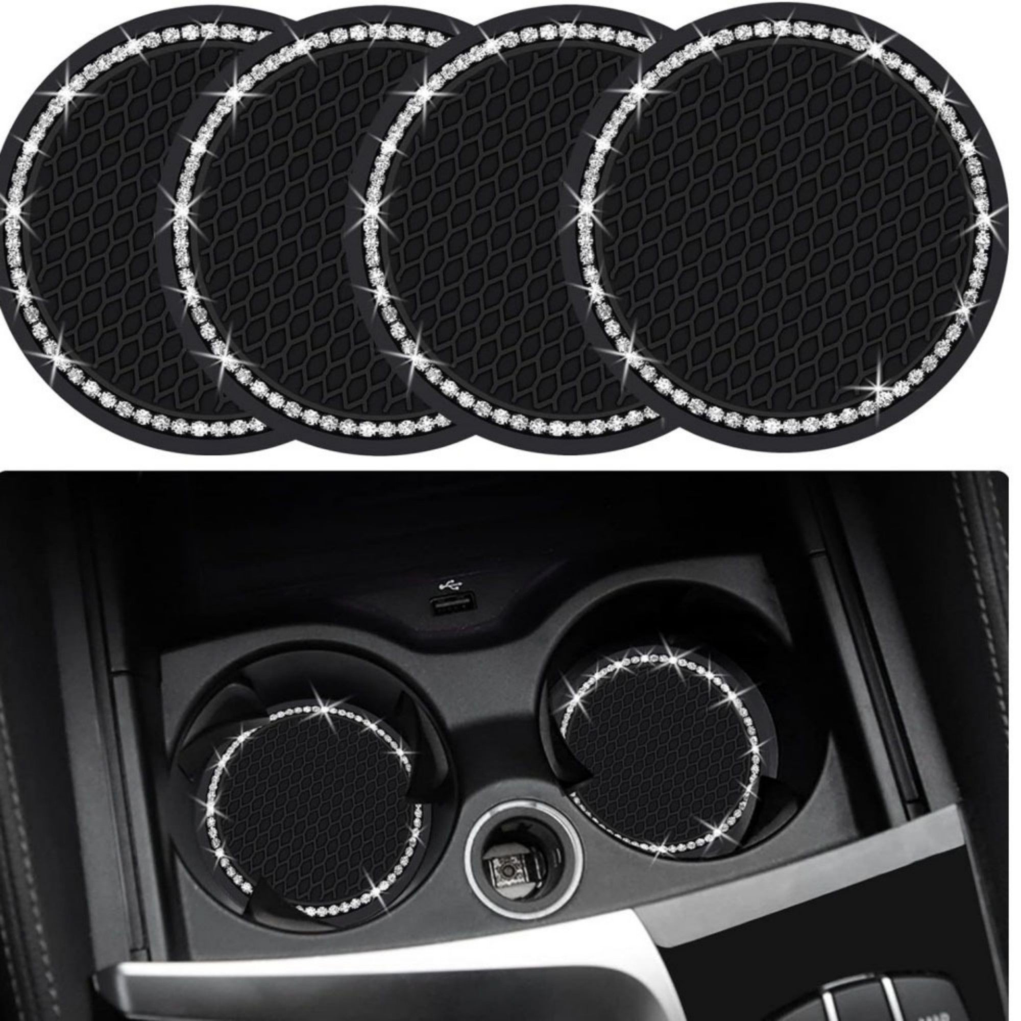 Anna-Kaci 2-Piece Round Rhinestone Car Cup Holder Coaster with Non-Slip Textured Surface