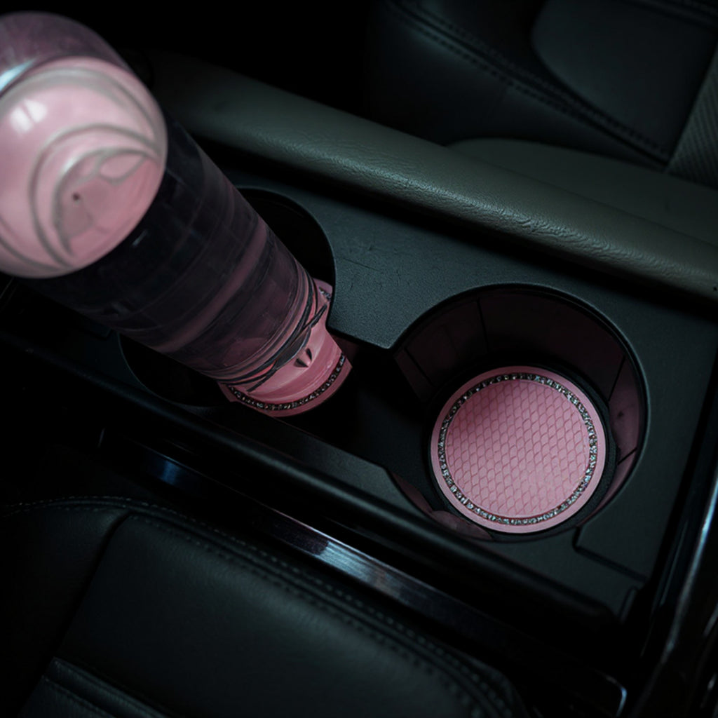 Anna-Kaci 2-Piece Round Rhinestone Car Cup Holder Coaster with Non-Slip Textured Surface