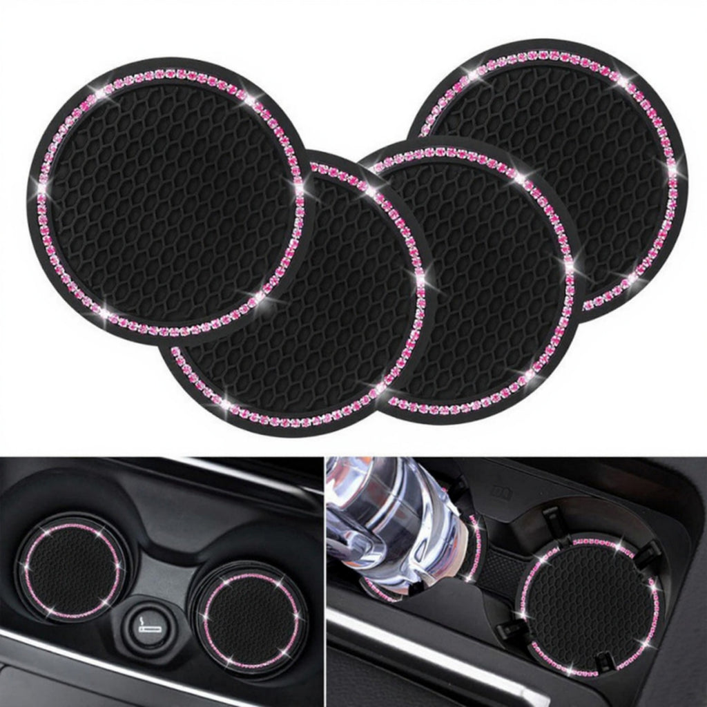 Anna-Kaci 2-Piece Round Rhinestone Car Cup Holder Coaster with Non-Slip Textured Surface