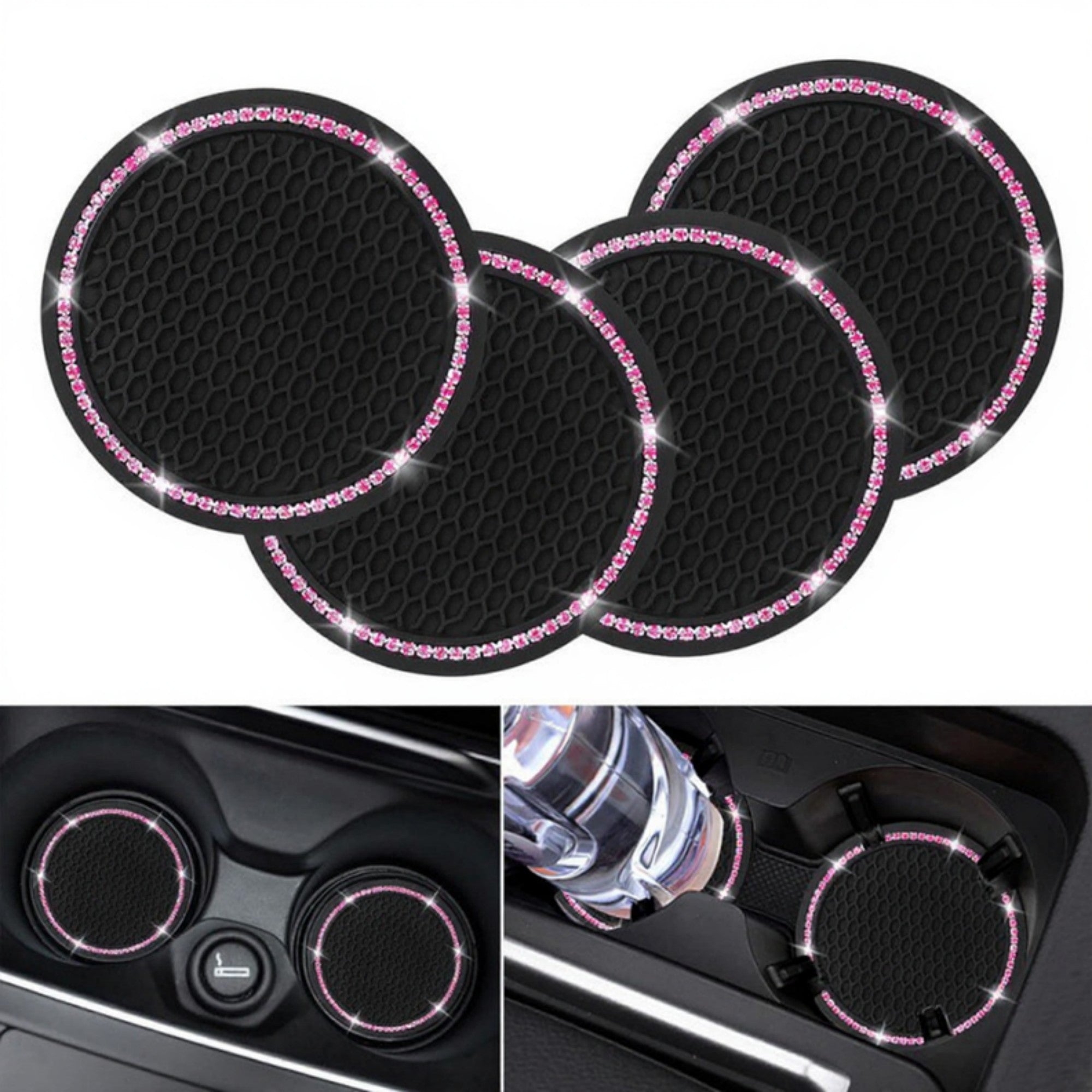 Anna-Kaci 2-Piece Round Rhinestone Car Cup Holder Coaster with Non-Slip Textured Surface