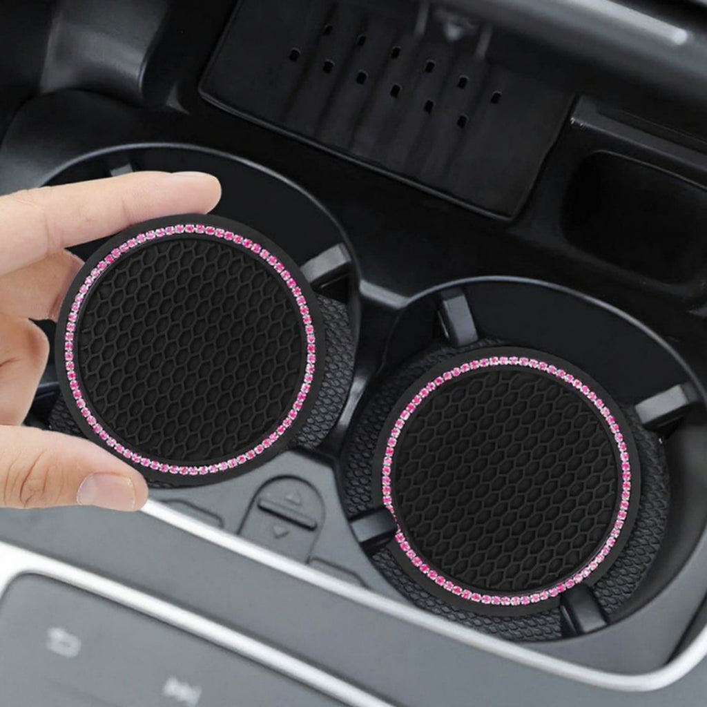 Anna-Kaci 2-Piece Round Rhinestone Car Cup Holder Coaster with Non-Slip Textured Surface
