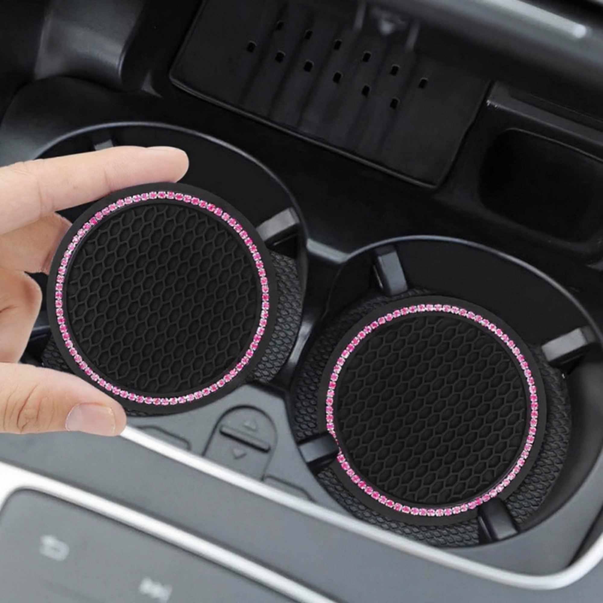 Anna-Kaci 2-Piece Round Rhinestone Car Cup Holder Coaster with Non-Slip Textured Surface