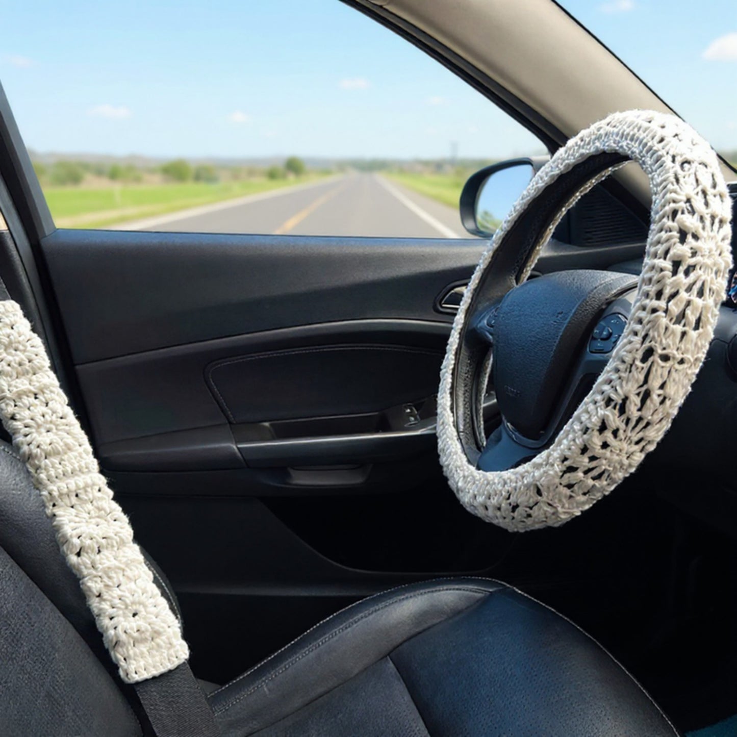 Anna-Kaci Handcrafted Crochet Steering Wheel Cover and Seat Belt Pad Set