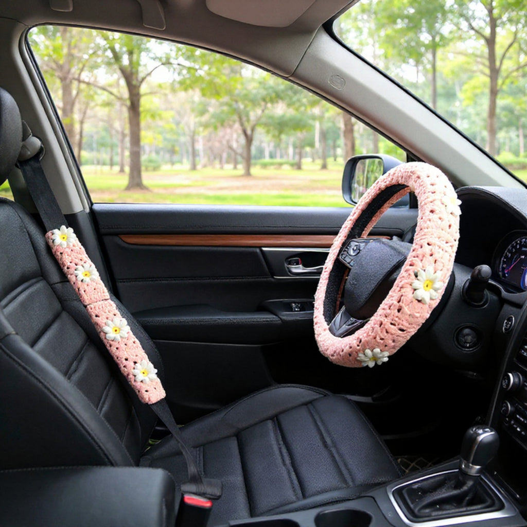 Anna-Kaci 3-Piece Crochet Car Steering Wheel and Seat Belt Cover Set