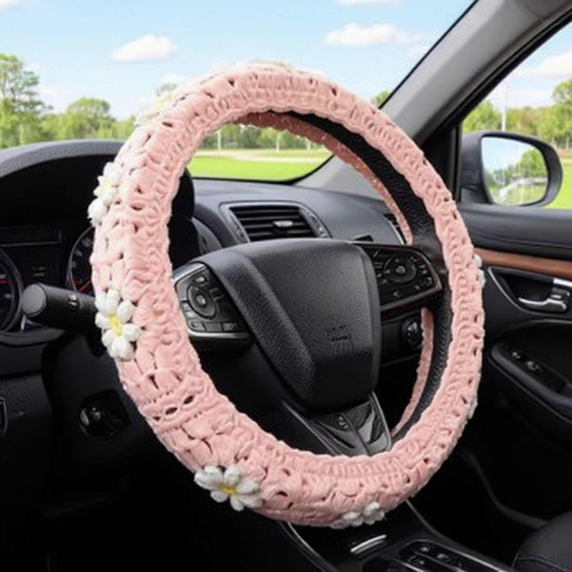 Anna-Kaci 3-Piece Crochet Car Steering Wheel and Seat Belt Cover Set