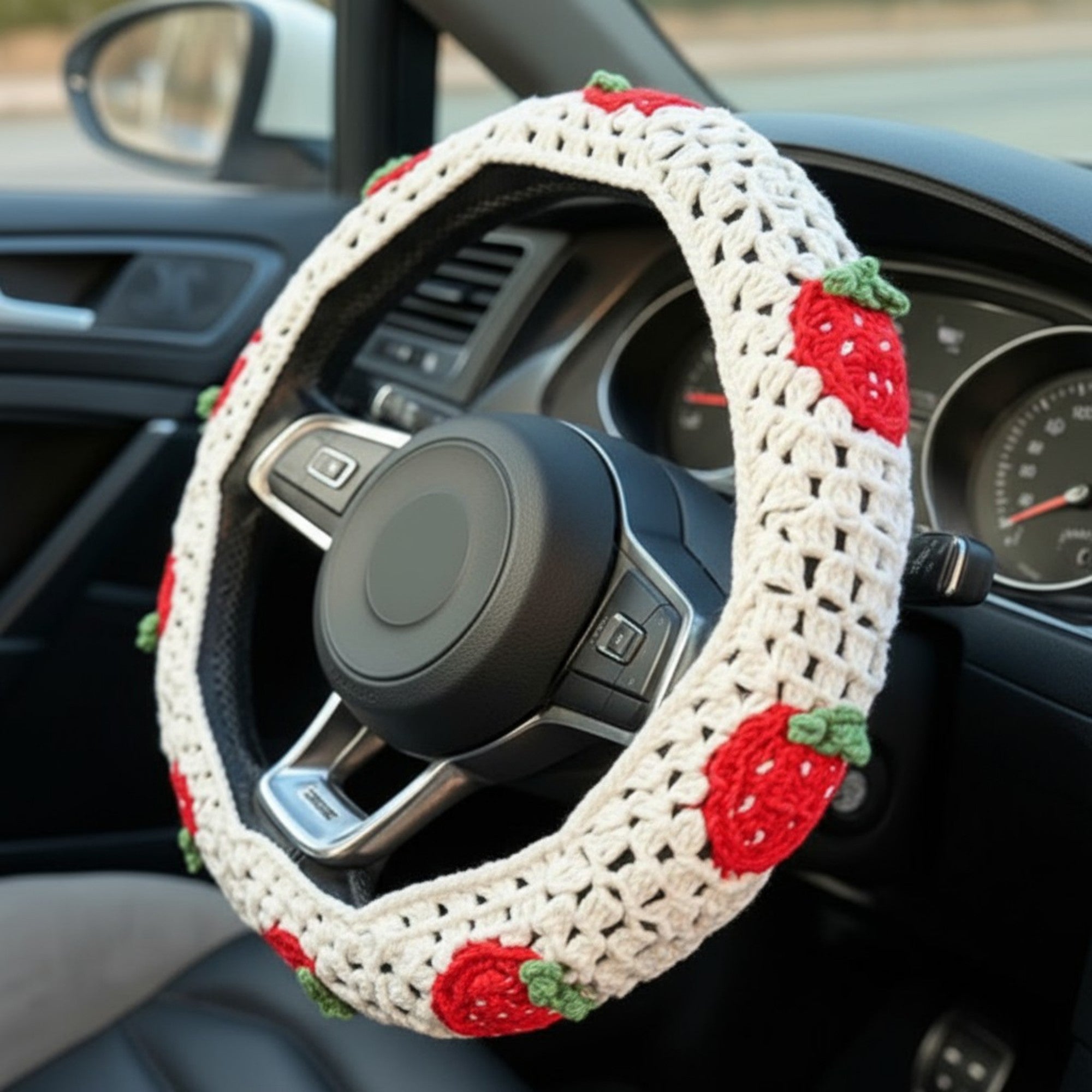 Anna-Kaci 3-Piece Crochet Car Steering Wheel and Seat Belt Cover Set