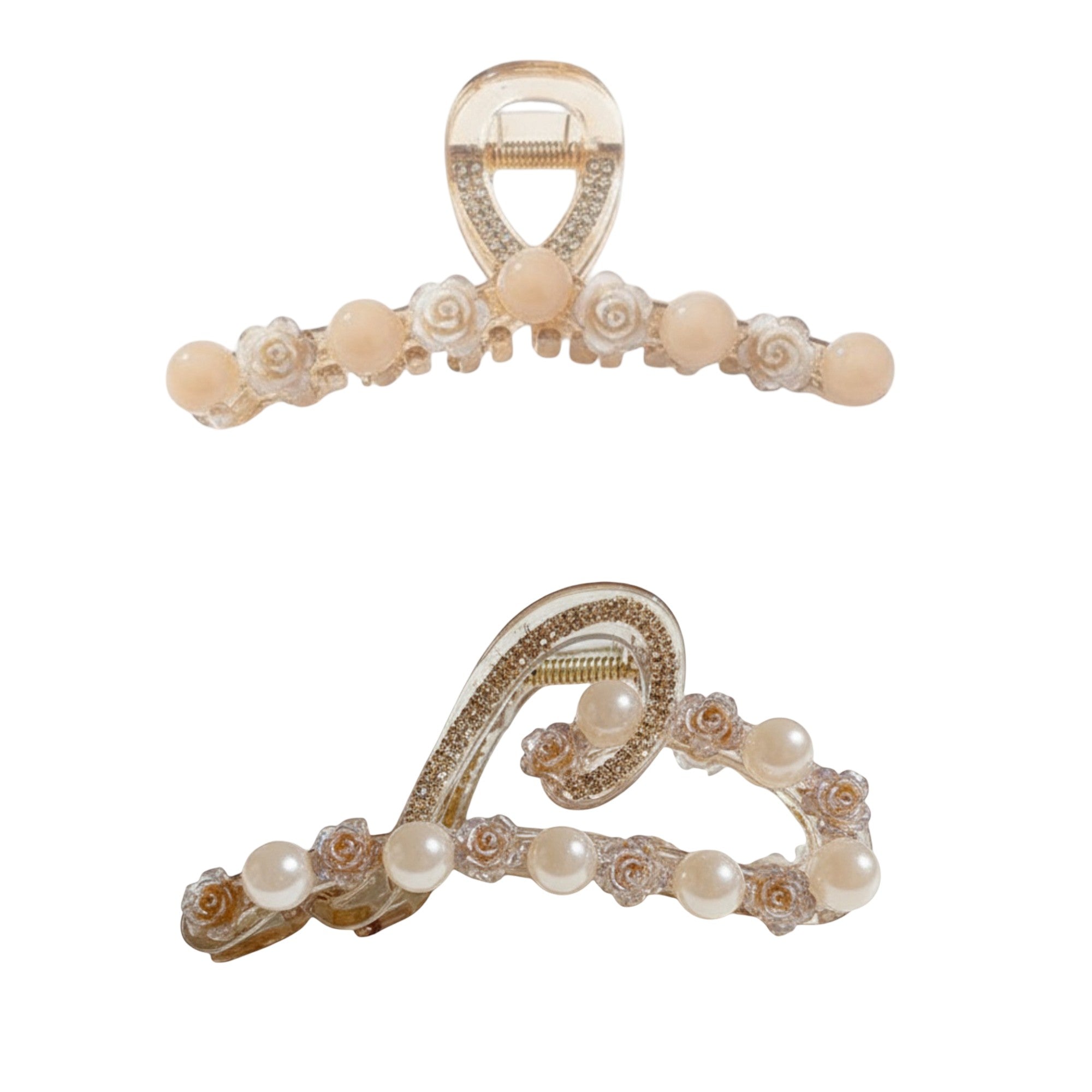 Anna-Kaci Beaded Flower Metal Hair Claw Clip with Curved Design and Textured Accents