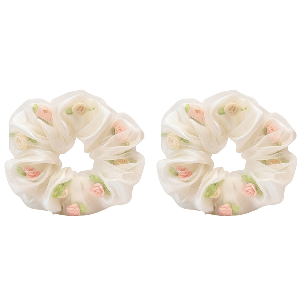 Anna-Kaci 2pcs Sheer Organza Scrunchie with Embroidered Mini Roses and Soft Layered Design