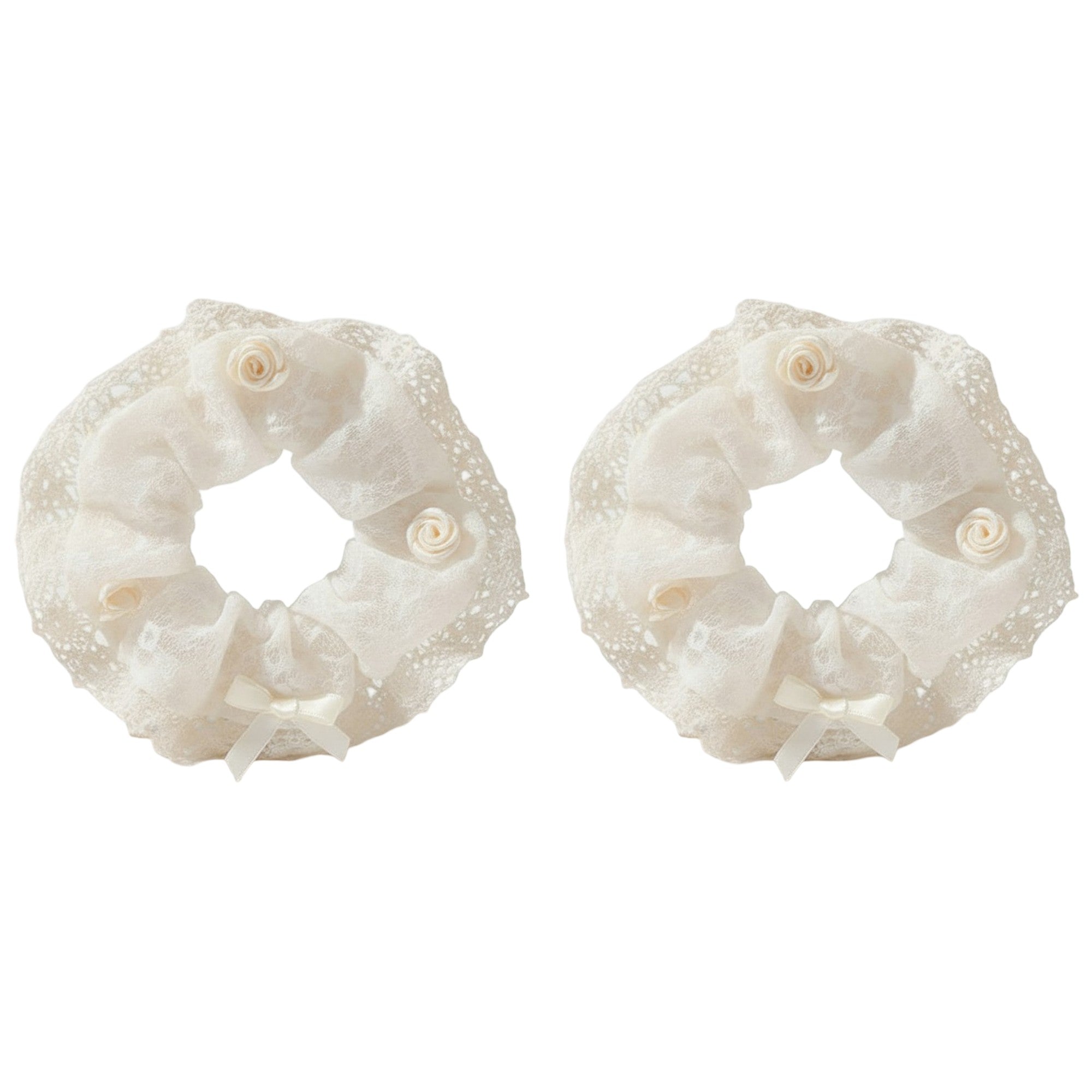 Anna-Kaci 2pcs Sheer Organza Scrunchie with Embroidered Mini Roses and Soft Layered Design