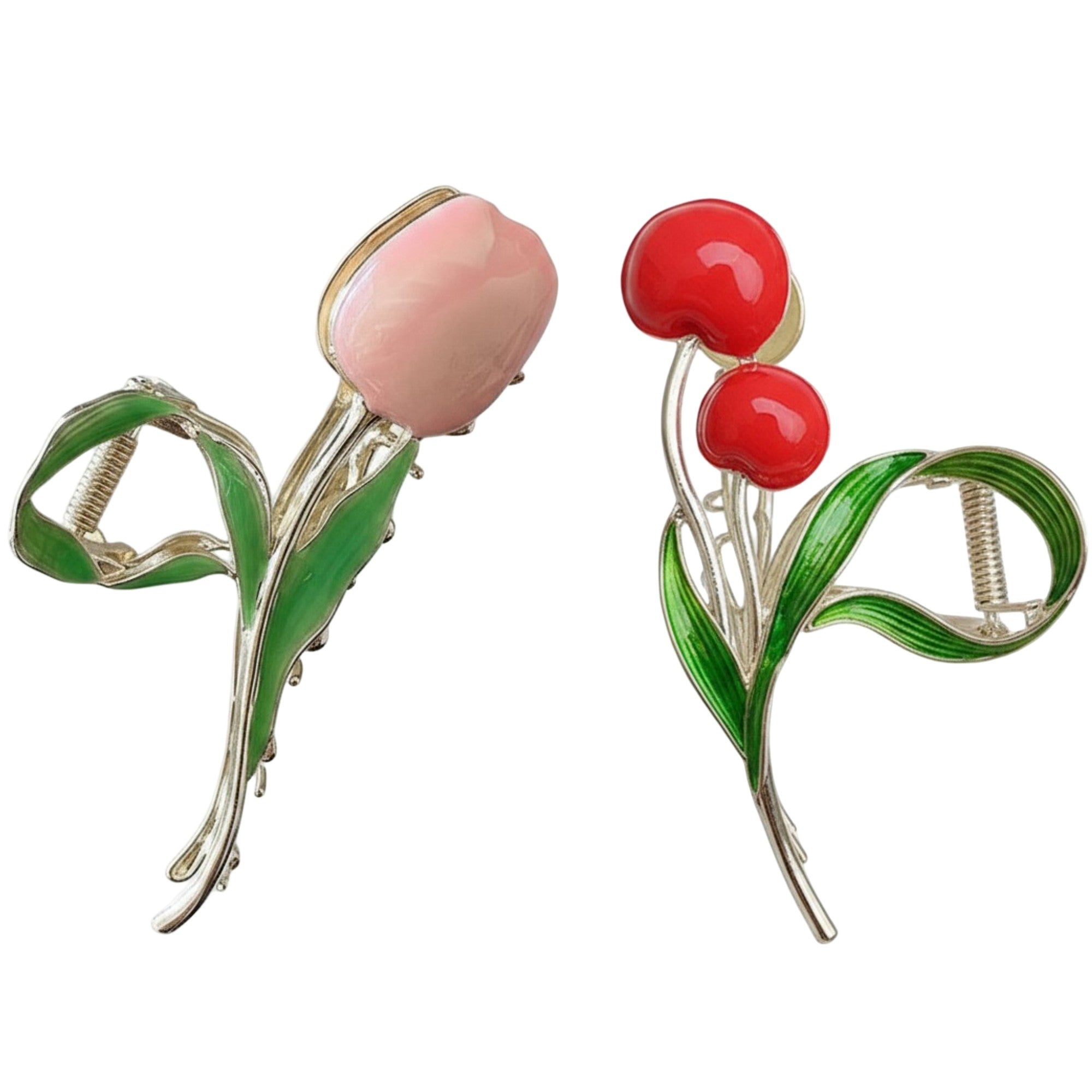 Anna-Kaci 2pcs Tulip Flower Metal Hair Claw Clip with Enamel Petal and Leaf Detailing