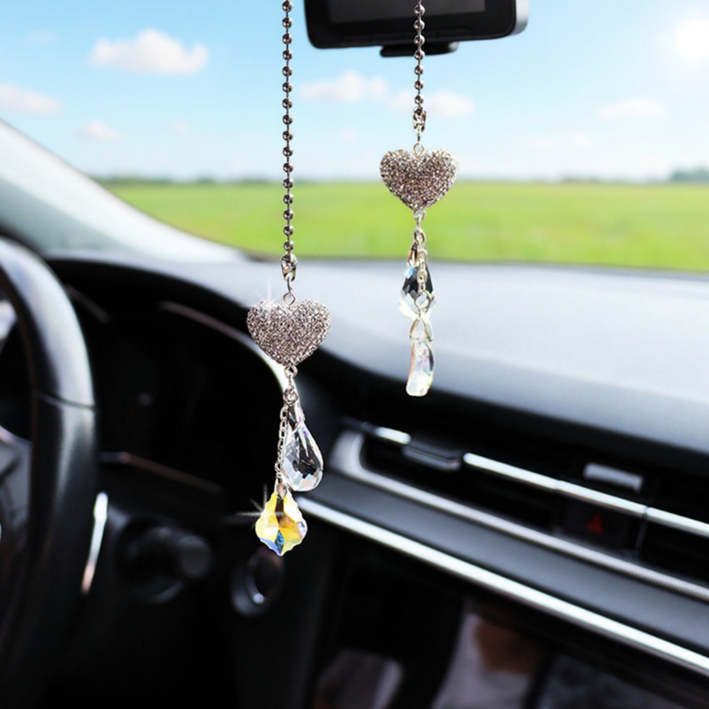 Anna-Kaci Sparkling Rhinestone Heart Chain Car Mirror Charm with Crystal Teardrop Pendants
