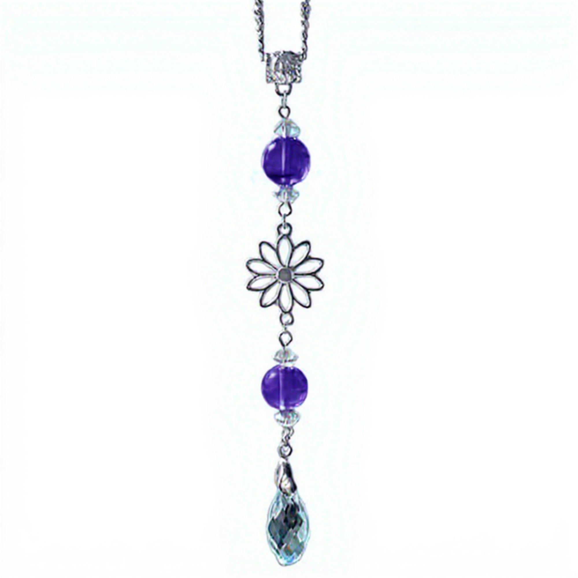 Anna-Kaci Crystal Bead Car Mirror Charm with Silver Daisy and Teardrop Pendant