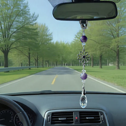Anna-Kaci Crystal Bead Car Mirror Charm with Silver Daisy and Teardrop Pendant