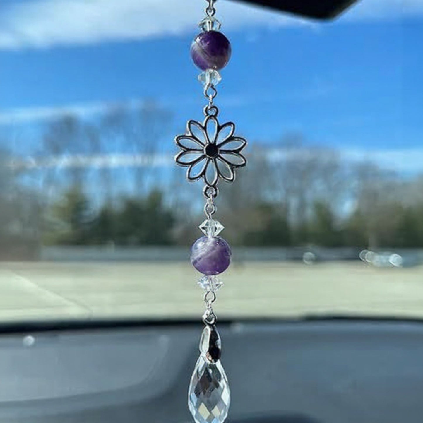 Anna-Kaci Crystal Bead Car Mirror Charm with Silver Daisy and Teardrop Pendant