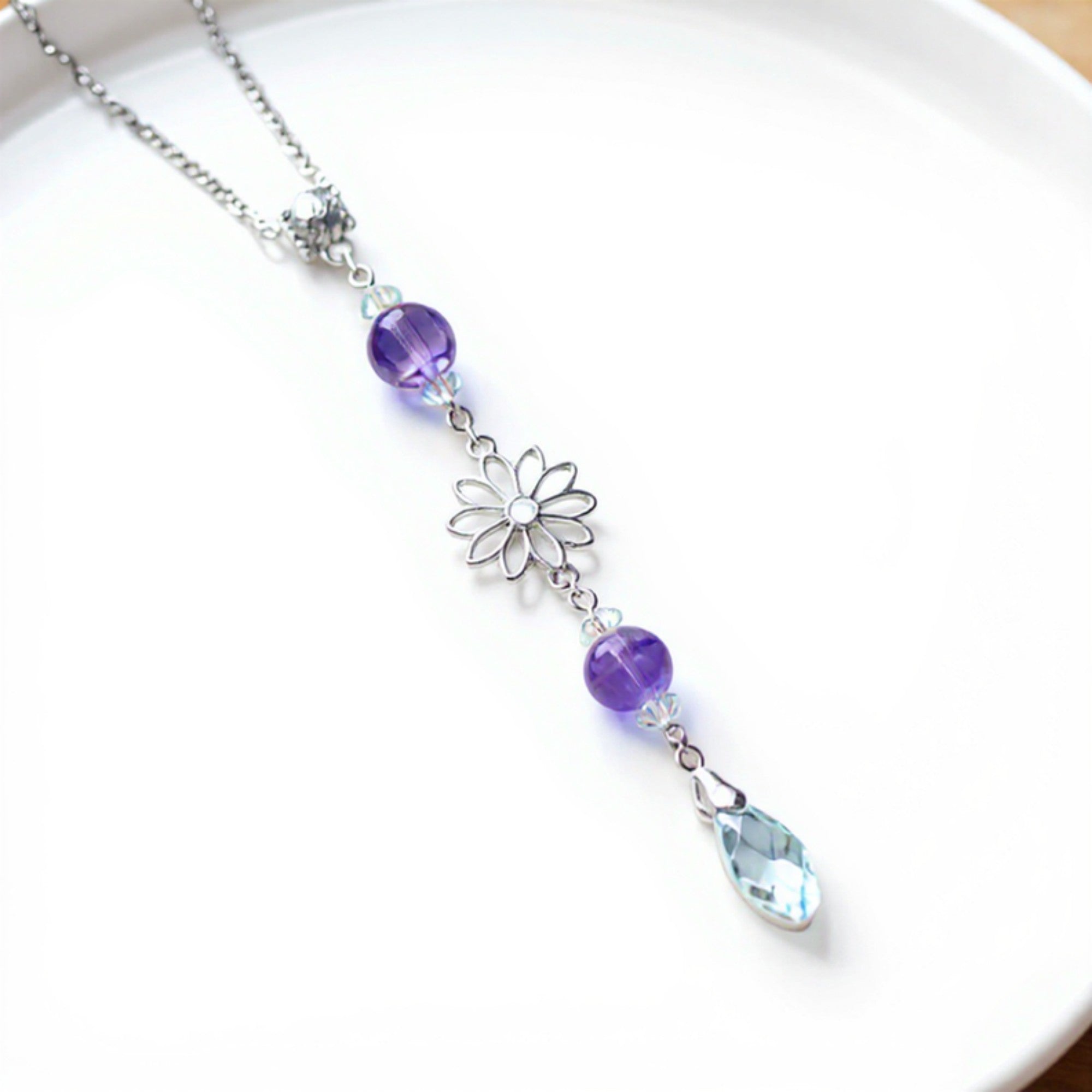 Anna-Kaci Crystal Bead Car Mirror Charm with Silver Daisy and Teardrop Pendant