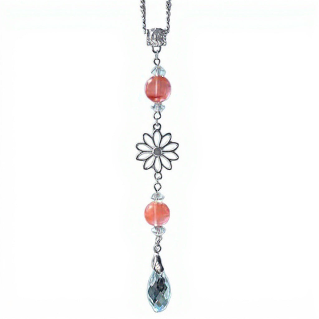 Anna-Kaci Crystal Bead Car Mirror Charm with Silver Daisy and Teardrop Pendant