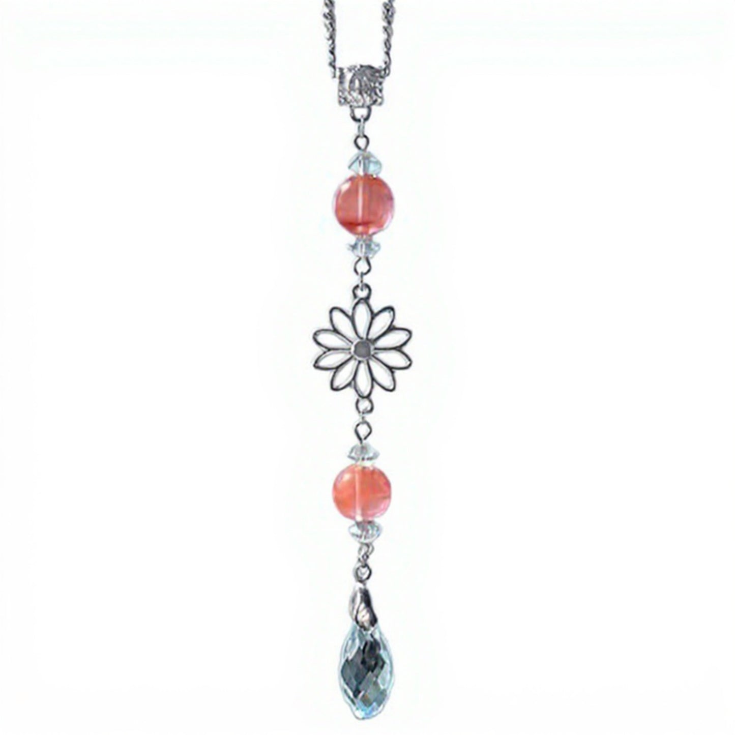 Anna-Kaci Crystal Bead Car Mirror Charm with Silver Daisy and Teardrop Pendant