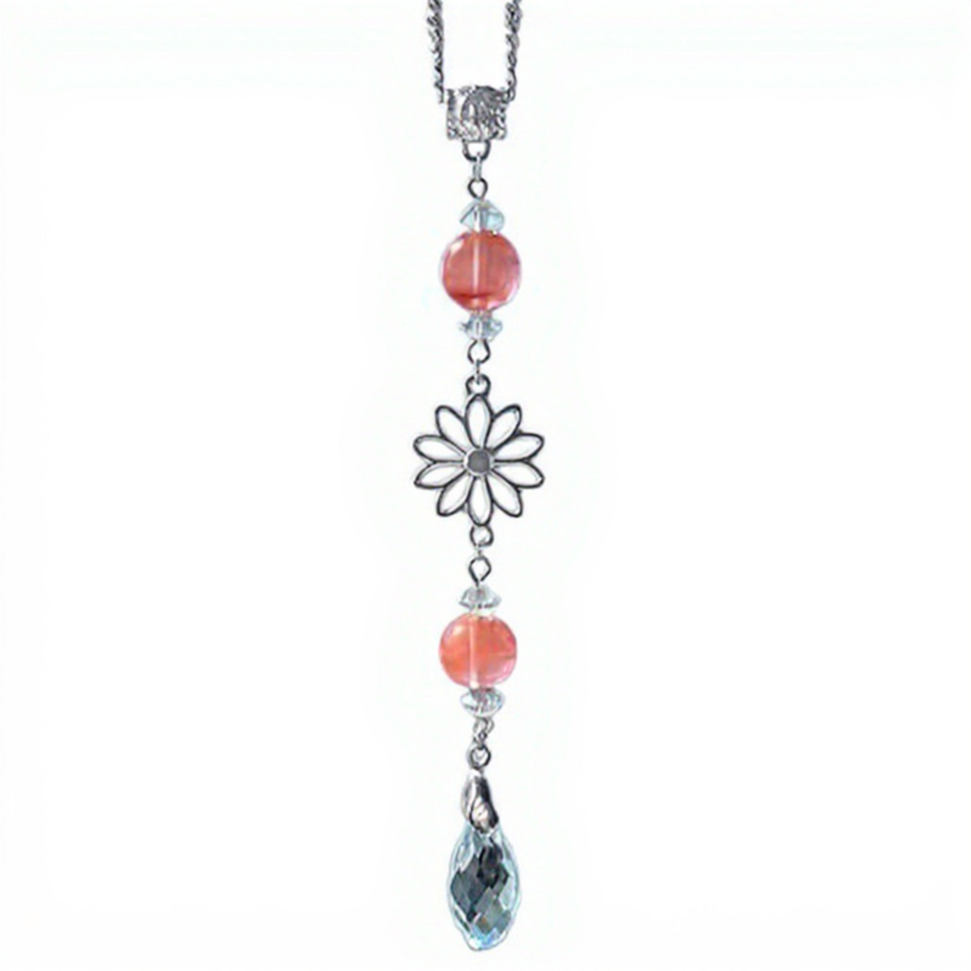 Anna-Kaci Crystal Bead Car Mirror Charm with Silver Daisy and Teardrop Pendant