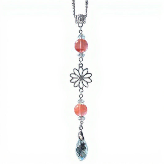 Anna-Kaci Crystal Bead Car Mirror Charm with Silver Daisy and Teardrop Pendant
