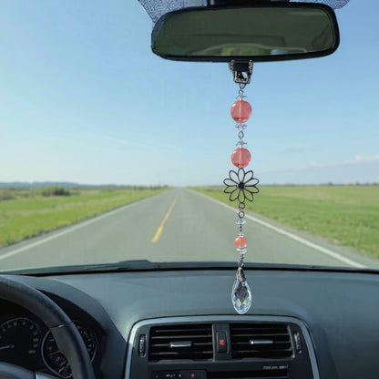 Anna-Kaci Crystal Bead Car Mirror Charm with Silver Daisy and Teardrop Pendant
