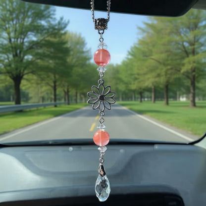 Anna-Kaci Crystal Bead Car Mirror Charm with Silver Daisy and Teardrop Pendant