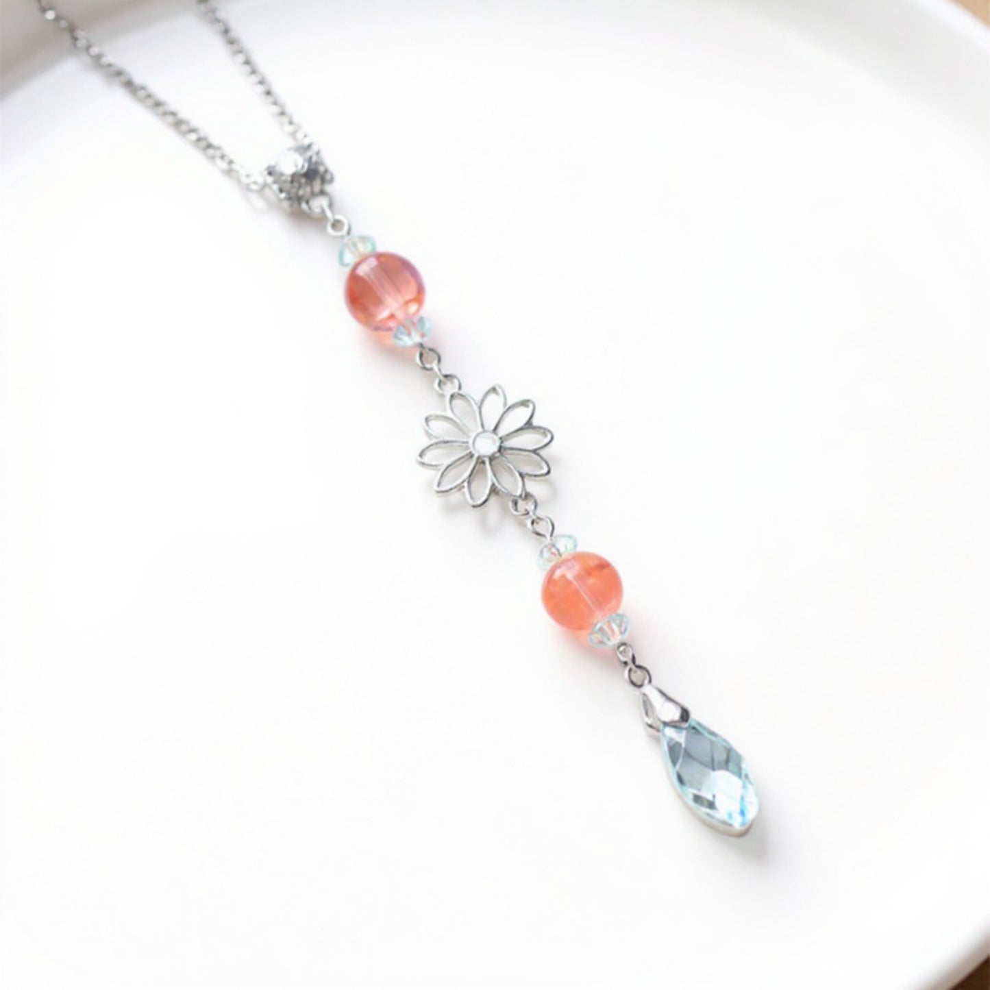 Anna-Kaci Crystal Bead Car Mirror Charm with Silver Daisy and Teardrop Pendant