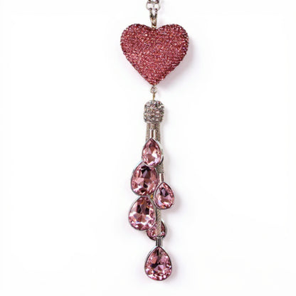 Anna-Kaci Pink Crystal Heart Car Mirror Charm with Teardrop Rhinestone Tassel