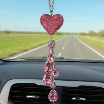 Anna-Kaci Pink Crystal Heart Car Mirror Charm with Teardrop Rhinestone Tassel