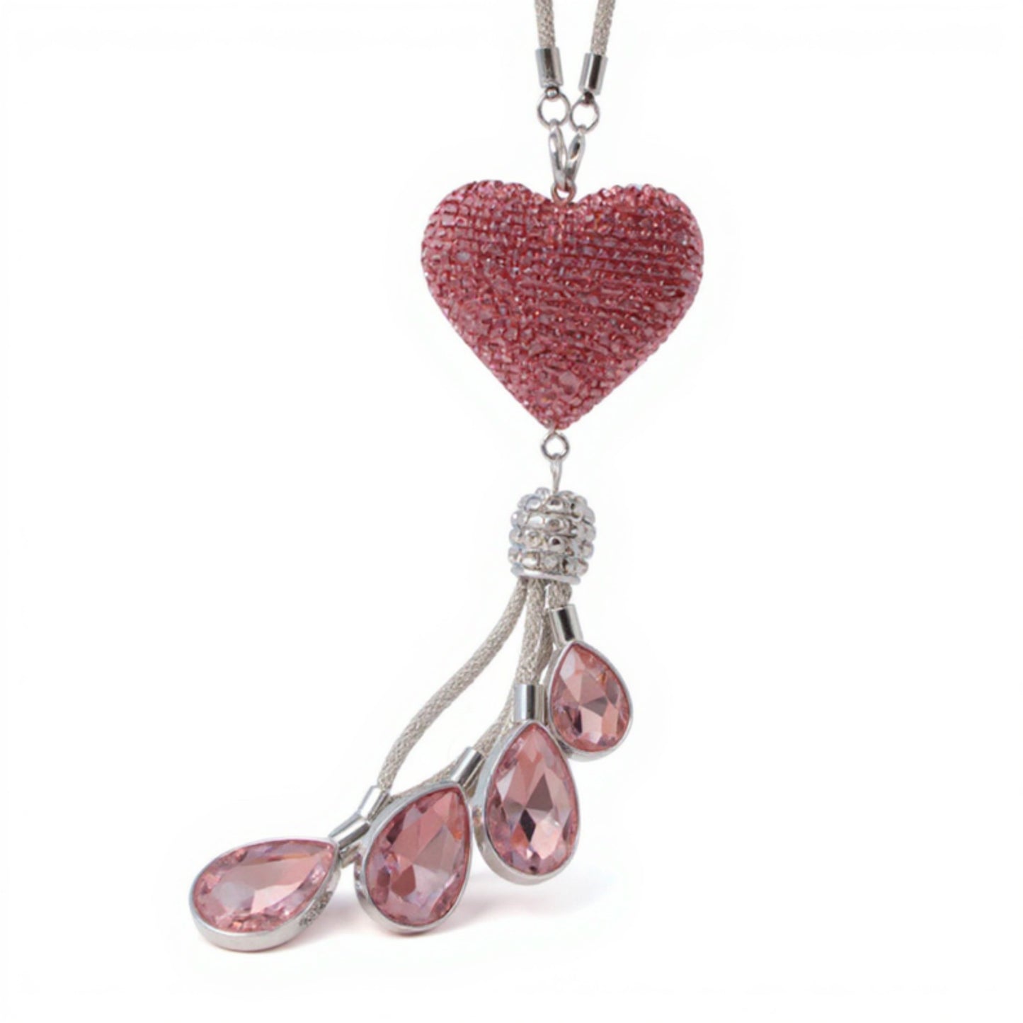 Anna-Kaci Pink Crystal Heart Car Mirror Charm with Teardrop Rhinestone Tassel