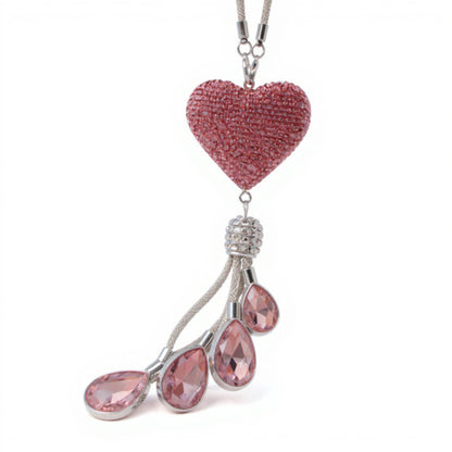 Anna-Kaci Pink Crystal Heart Car Mirror Charm with Teardrop Rhinestone Tassel