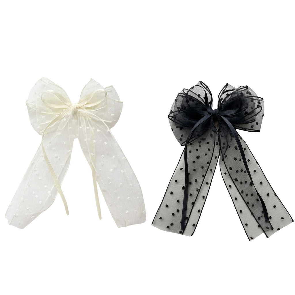 Anna-Kaci 2pcs Sheer Polka Dot Bow Hair Clip with Layered Tulle Design and Long Ribbon Tails