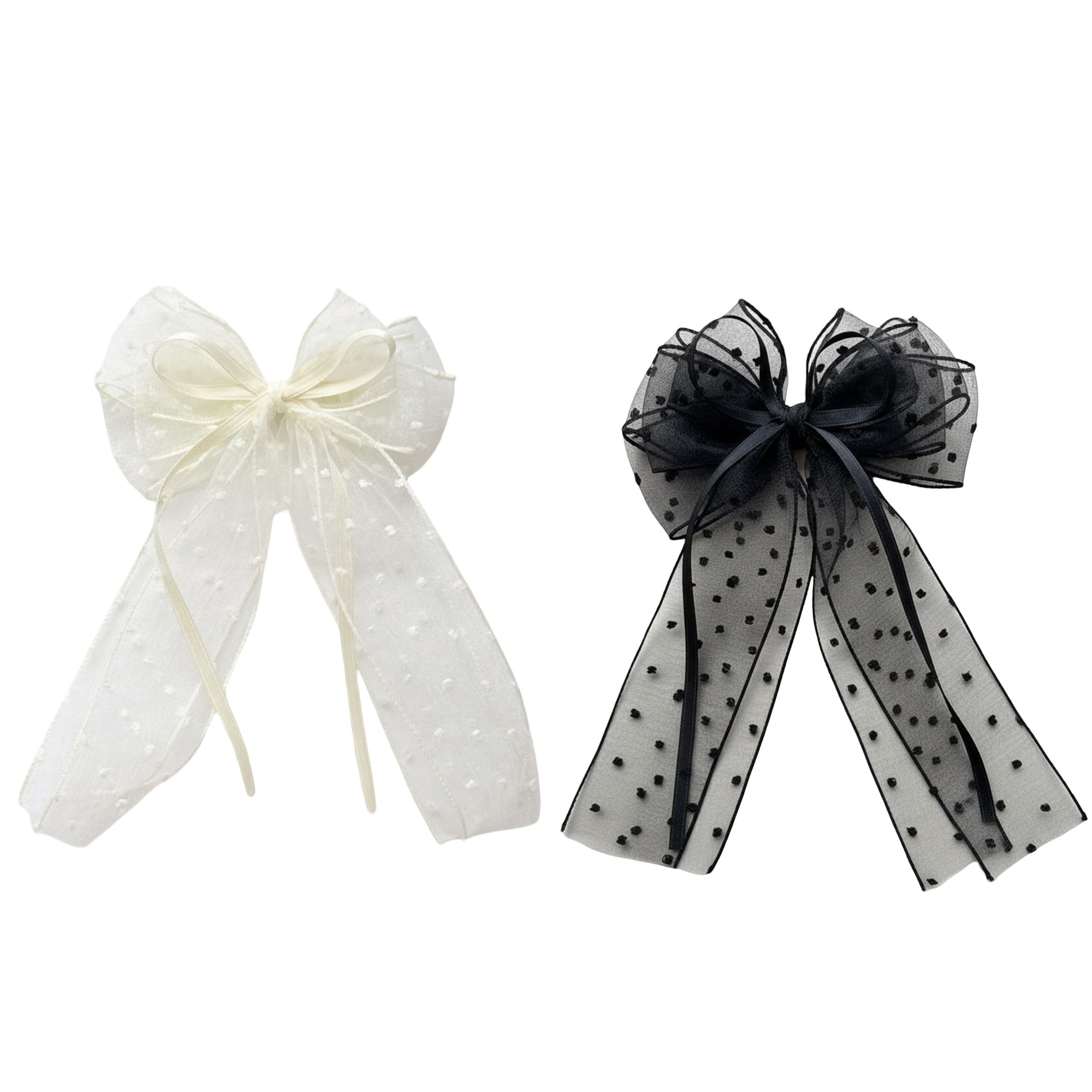 Anna-Kaci 2pcs Sheer Polka Dot Bow Hair Clip with Layered Tulle Design and Long Ribbon Tails