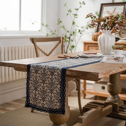 Anna-Kaci Floral Embroidered Table Runner with Crocheted Lace Edges