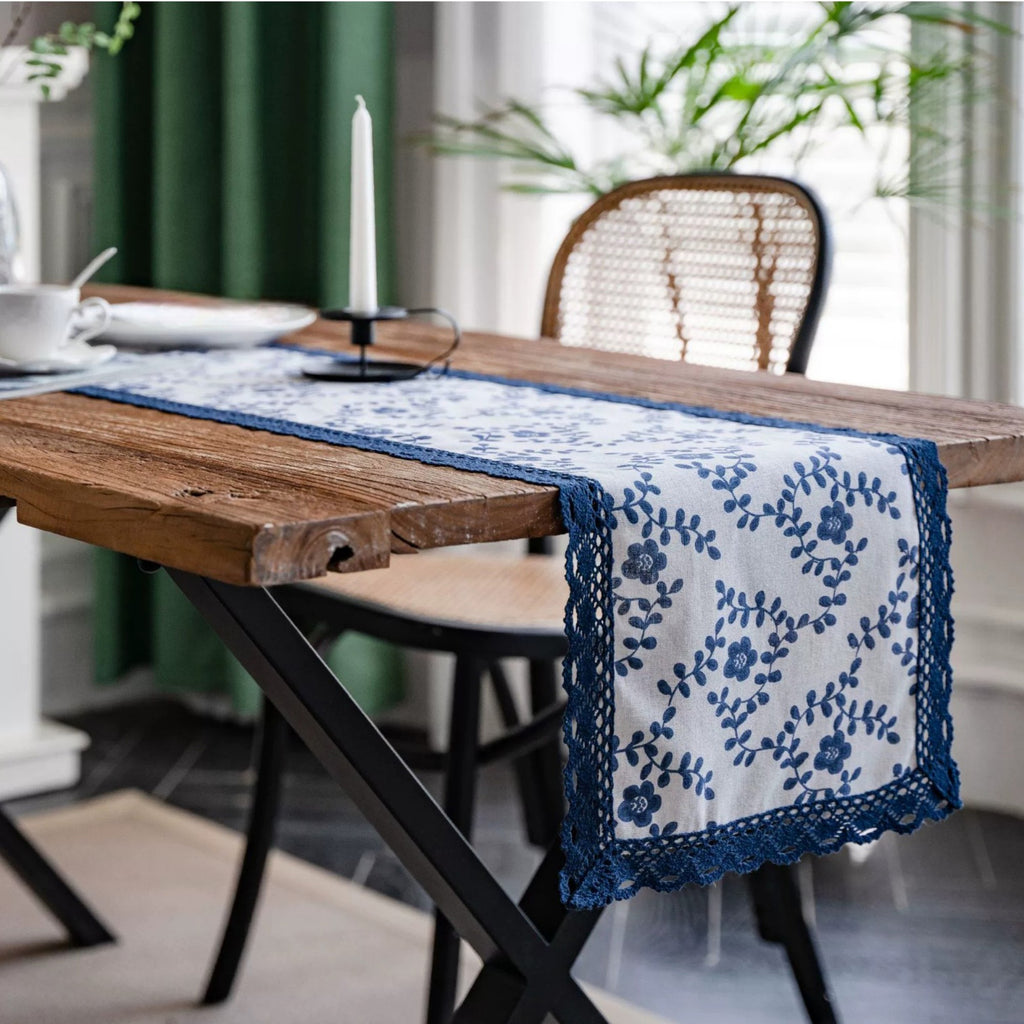 Anna-Kaci Floral Embroidered Table Runner with Crocheted Lace Edges