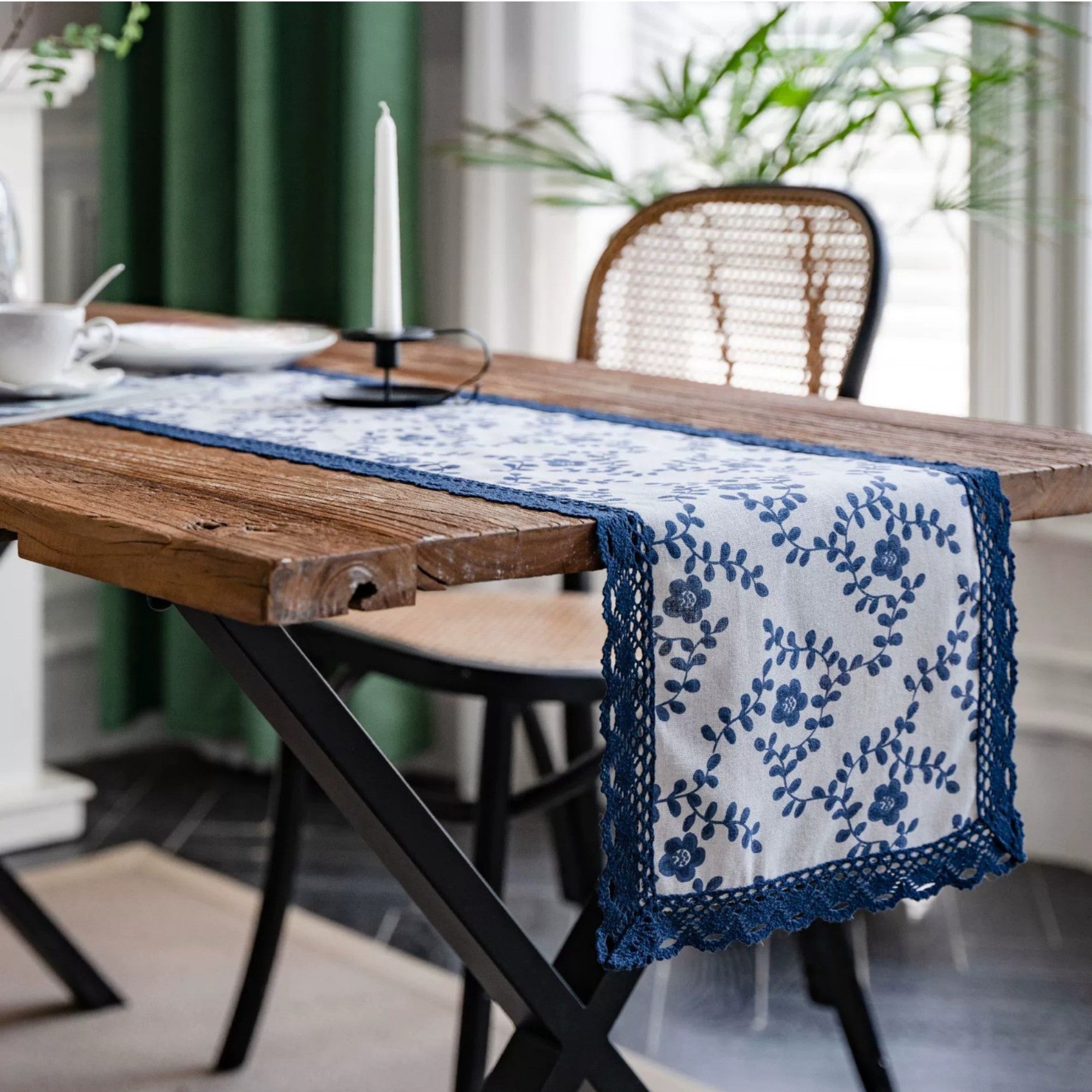 Anna-Kaci Floral Embroidered Table Runner with Crocheted Lace Edges