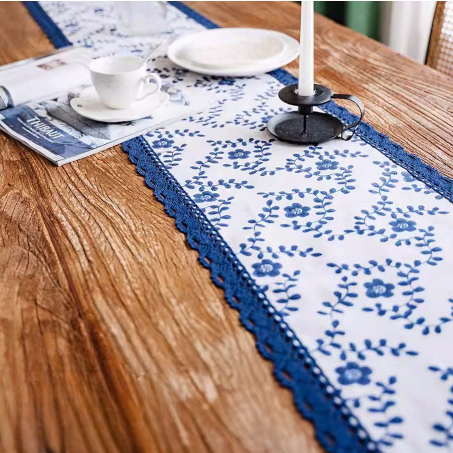Anna-Kaci Floral Embroidered Table Runner with Crocheted Lace Edges