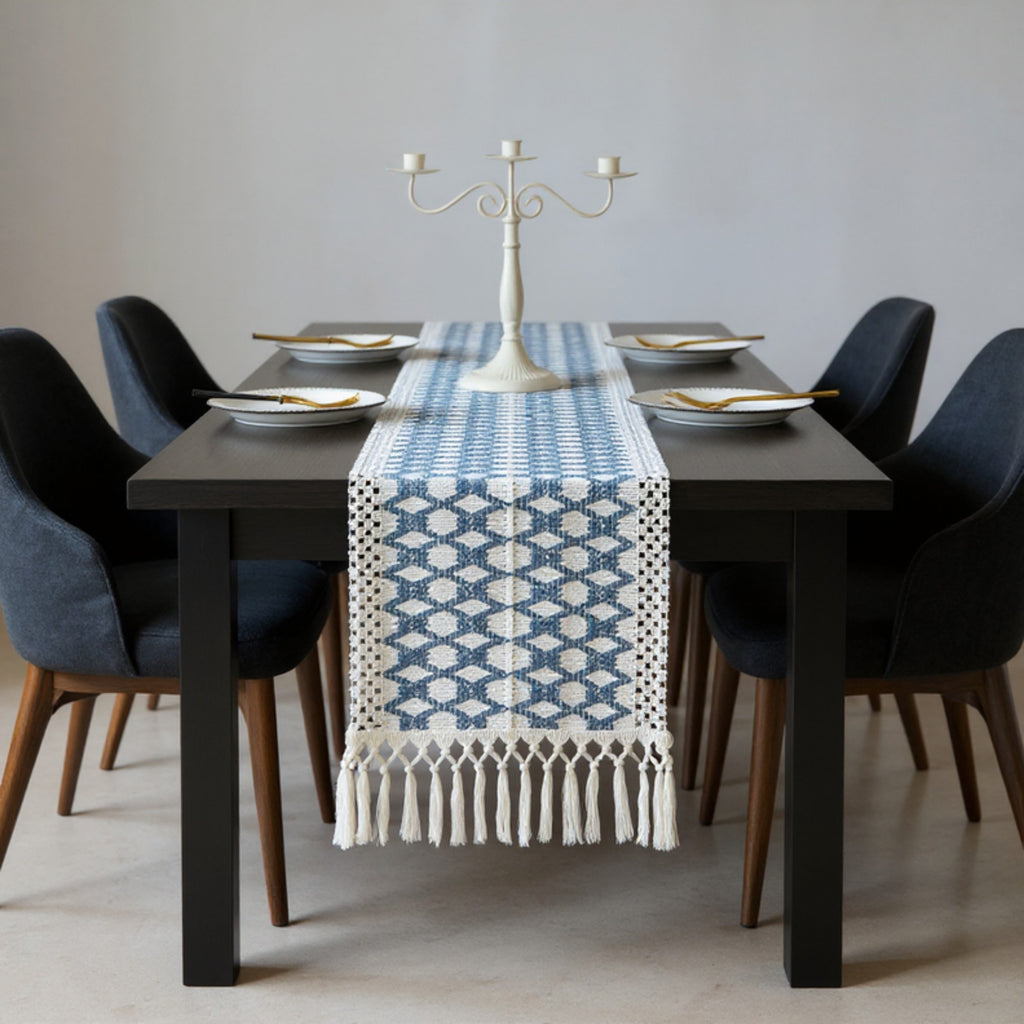 Anna-Kaci Geometric Woven Table Runner with Tassel Fringe Edges
