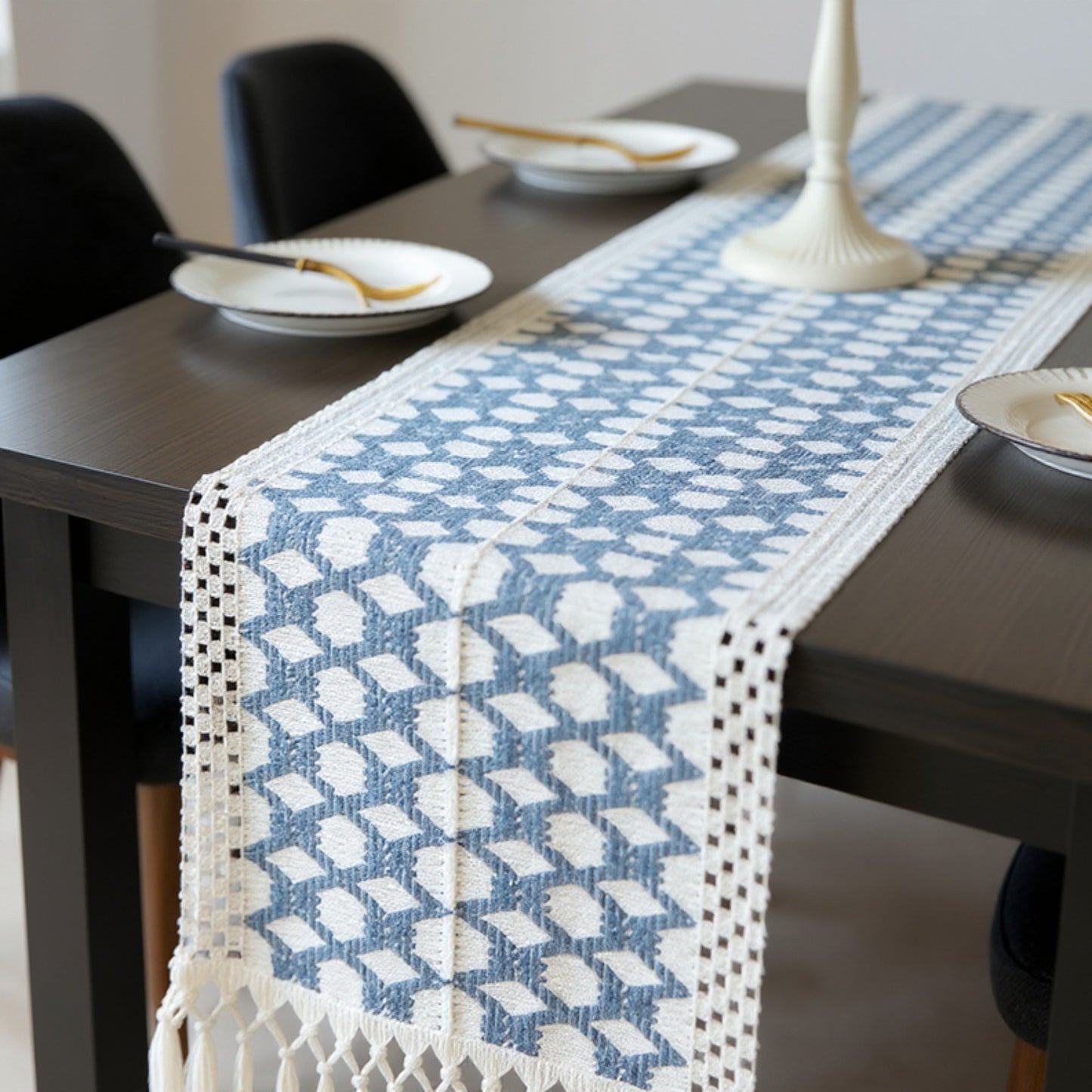 Anna-Kaci Geometric Woven Table Runner with Tassel Fringe Edges