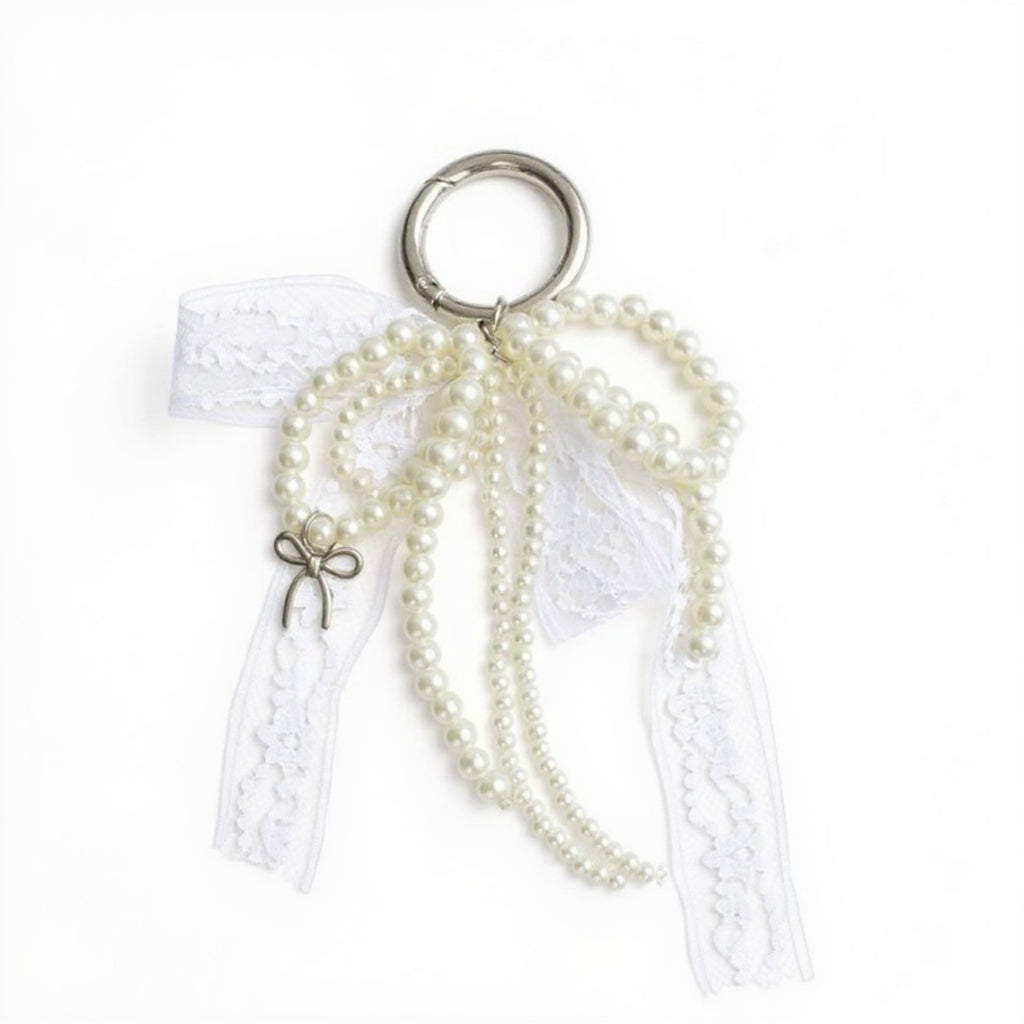 Anna-Kaci Pearl and Lace Bow Keychain with Silver Ring and Charm Accent