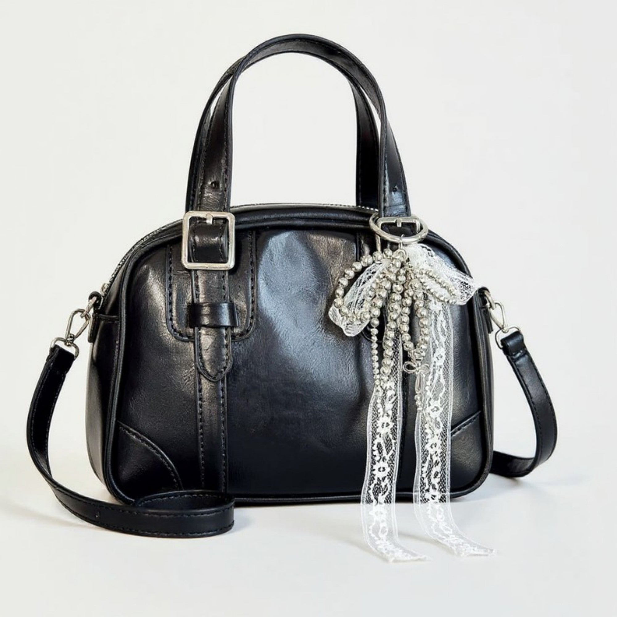 Anna-Kaci Pearl and Lace Bow Keychain with Silver Ring and Charm Accent
