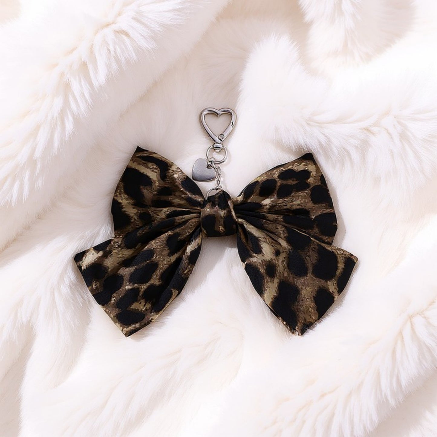 Anna-Kaci Leopard Print Fabric Bow Keychain with Silver Heart Clip Charm