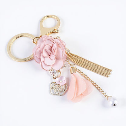 Anna-Kaci Pink Flower Tassel Keychain with Pearl Accent and Gold Metal Details