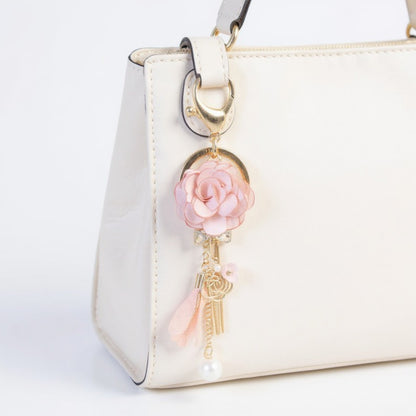 Anna-Kaci Pink Flower Tassel Keychain with Pearl Accent and Gold Metal Details