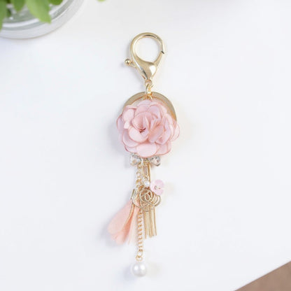 Anna-Kaci Pink Flower Tassel Keychain with Pearl Accent and Gold Metal Details
