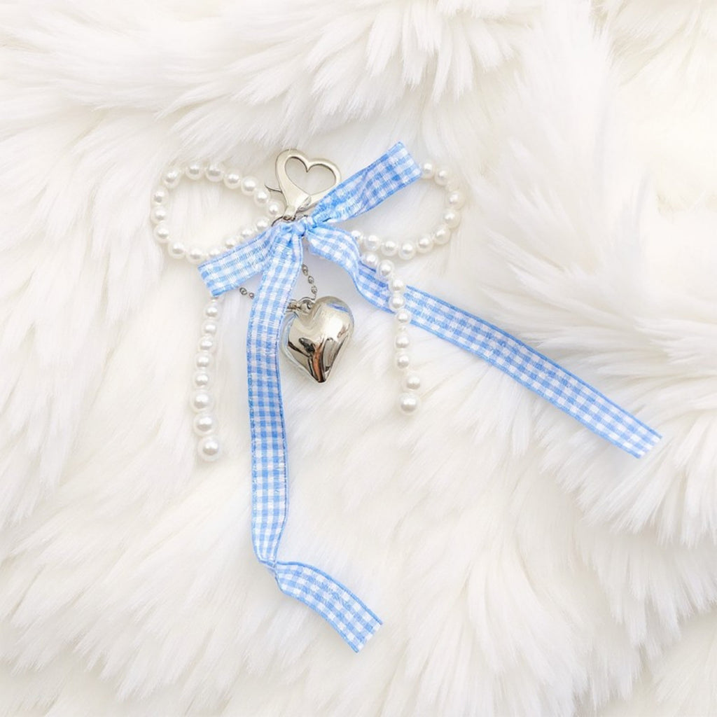 Anna-Kaci Ribbon Pearl Bow Keychain with Silver Heart Charm and Gingham Accent